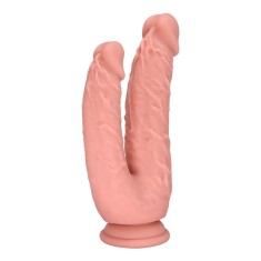 Dildo Dublu cu Ventuza la Baza, Silicon Lichid, Natural, 20.8 cm, Guilty Toys