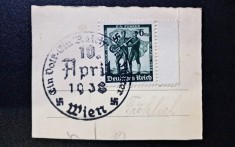 Germania Reich 1938 Referendum Anschluss Austria Timbru 6Rpf Ștampilat OBLITERARE SPECIALĂ Viena Wien 10 April 1938 pe Decupaj Poștal - RFP1
