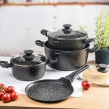 Set de 7 piese, oale si tigaie pentru clatite, aluminiu turnat si strat antiaderent marmorat, negru, Klausberg