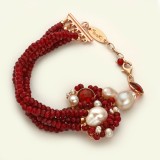 Cumpara ieftin Brățară Glam agat rubiniu, perle cultură, argint placat aur roz, reglabilă 18-24cm, Made in Italy