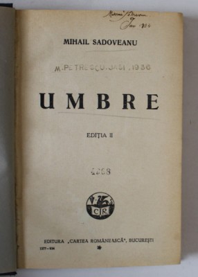 UMBRE , EDITIA A II - A , roman de MIHAIL SADOVEANU , 1934 foto