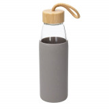 Sticla Pufo Hydrate pentru apa sau lichide din material borosilicat cu protectie din silicon si capac etans din bambus, 550 ml, gri