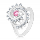Inel de culoare argintie, spirală cu margine transparentă, zirconiu roz, rotund - Marime inel: 50