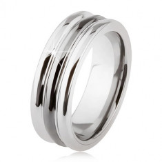 Inel din tungsten cu suprafaţa lucioasă, două adâncituri, negru şi argintiu - Marime inel: 67