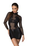 Rochie Mini Wetlook cu Tul si Broderie Aplicata S, Noir Handmade