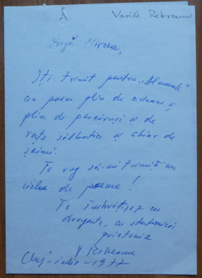 Scrisoare a scriitorului Vasile Rebreanu, Cluj, 1977 foto