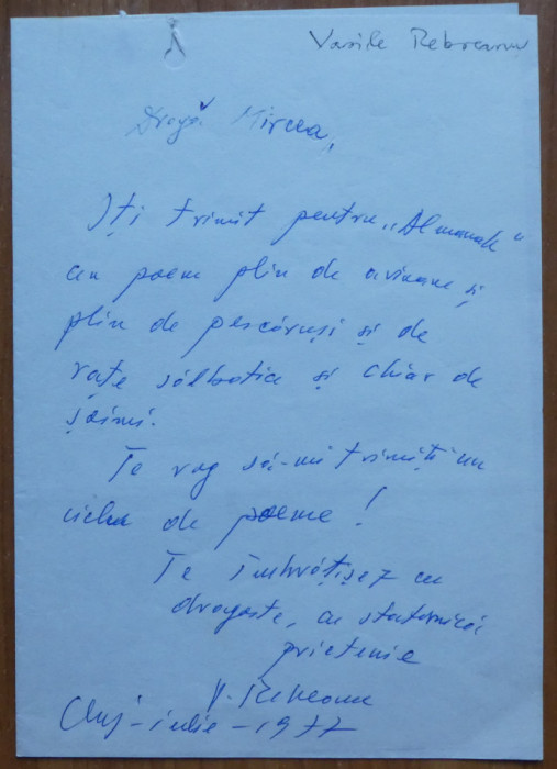 Scrisoare a scriitorului Vasile Rebreanu, Cluj, 1977
