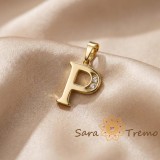 Pandantiv litera P cu zirconia, placaj triplu cu aur 14K
