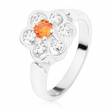 Inel argintiu, floare strălucitoare transparentă cu mijlocul portocaliu - Marime inel: 49