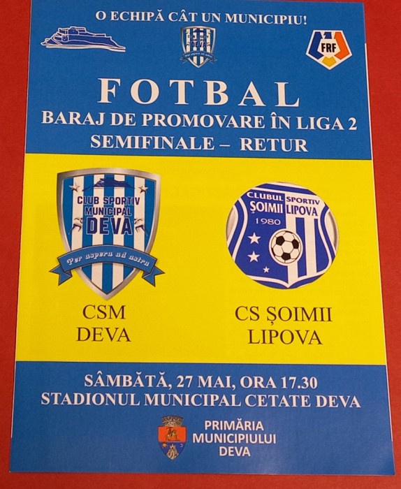 Program meci fotbal CSM DEVA - CS &quot;SOIMII&quot; LIPOVA (27.05.2023)