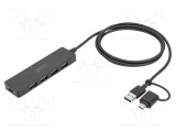 Hub USB 3.0 DIGITUS 4 porturi USB A și USB C, cablu 1.2m, negru