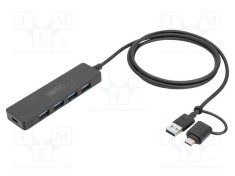 Hub USB 3.0 DIGITUS 4 porturi USB A și USB C, cablu 1.2m, negru