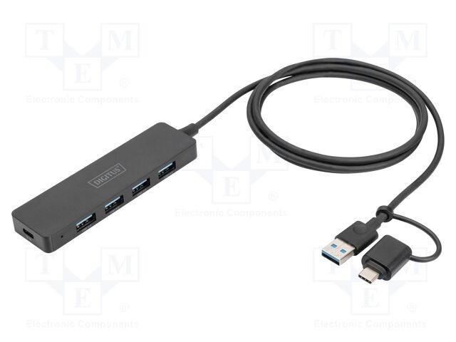 Hub USB 3.0 DIGITUS 4 porturi USB A și USB C, cablu 1.2m, negru