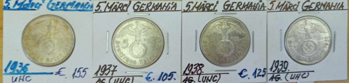 4 Monede de colectie 5 MARCI 1936,1937,1938,1939 UNC