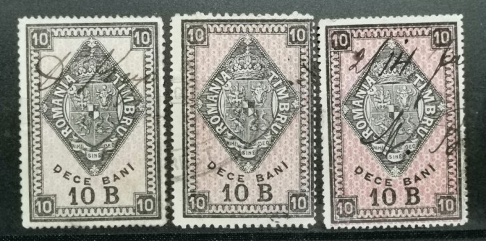 SV * Romania DECE / 10 BANI 1890 * Primul Timbru Fiscal * Lot x3 Nuanțe Diferite