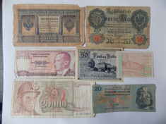 Lot 7 bancnote vechi: Rusia, Iugoslavia, Turcia, Germania, Austria, Cehoslovacia foto