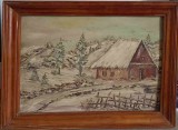 TABLOU VECHI IN ULEI, PE PLACAJ DE LEMN, PEISAJ DE IARNA, NESEMNAT-239909