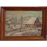 TABLOU VECHI IN ULEI, PE PLACAJ DE LEMN, PEISAJ DE IARNA, NESEMNAT-239909