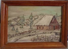 TABLOU VECHI IN ULEI, PE PLACAJ DE LEMN, PEISAJ DE IARNA, NESEMNAT-239909
