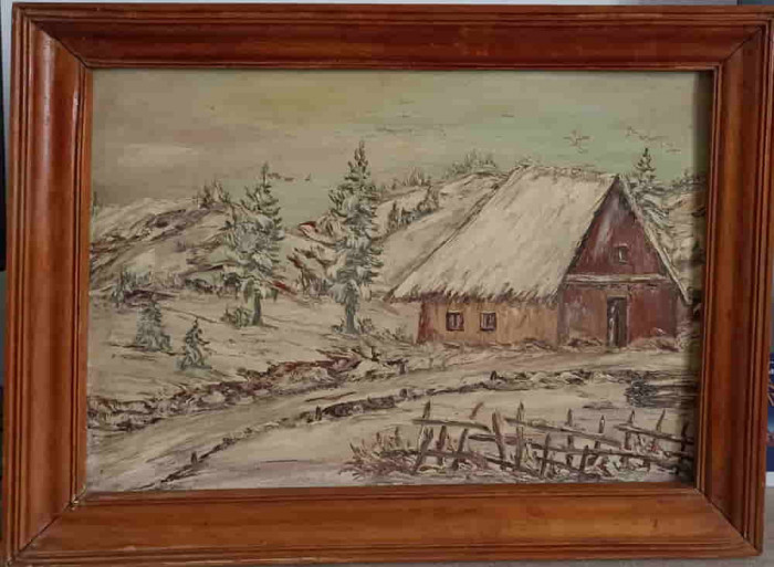 TABLOU VECHI IN ULEI, PE PLACAJ DE LEMN, PEISAJ DE IARNA, NESEMNAT-239909