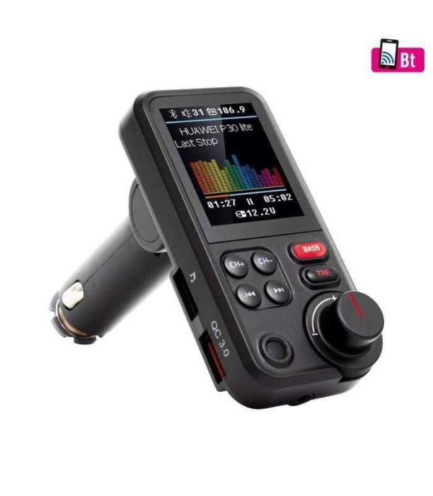 Modulator FM USB QC3.0 si Bluetooth mod EQ 5 in 1 ecran mare 1.8inch