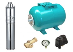 Kit complet sistem hidrofor, pompa submersibila cu surub APC 4QGD 0.75/80, rezervor de 80 litri, presostat, racord 5 cai, manometru, 03031012/80 foto