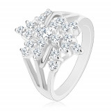 Inel strălucitor de culoare argintie, zirconiu transparent &icirc;n formă de floare, braţe despicate - Marime inel: 52