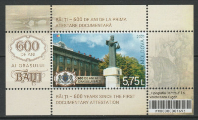 MOLDOVA 2021, Aniversari - 600 de ani orasul Balti, serie neuzata, MNH foto