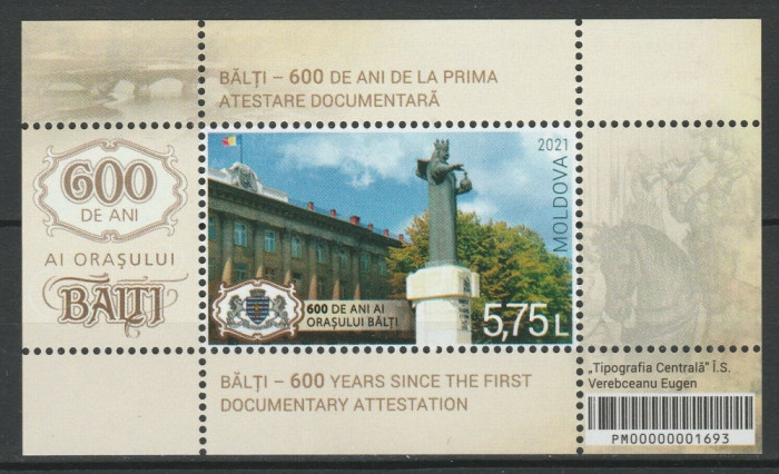 MOLDOVA 2021, Aniversari - 600 de ani orasul Balti, serie neuzata, MNH