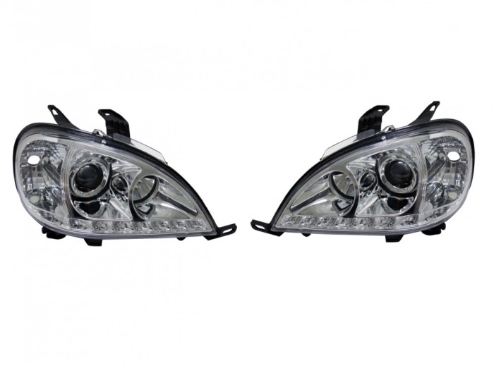 Far Mercedes Clasa Ml (W163), 09.2001-07.2005, model tuning, montare fata, stanga+dreapta, cu lumina de parcare LED; cu lampa ceata LED; H1+H1+LED+PY