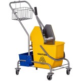 HOMCOM Cărucior Profesional de Curățenie cu Coș Suspendat, Raft, Găleată de 25 L și C&acirc;rlig, 72x49,5x95 cm, Galben | Aosom Romania