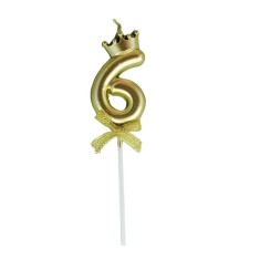 Lumanare pentru tort cifra 6, model coroana, gold, flippy, party