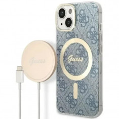 Husa Cover Guess 4G Print Magsafe + Wireless Charger pentru iPhone 14 Blue