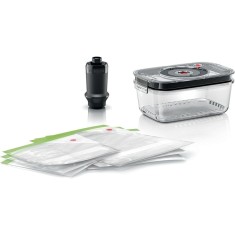 Set depozitare vacuum Bosch: casoleta sticla, pompa vidare, 3 pungi mici si 3 pungi mari