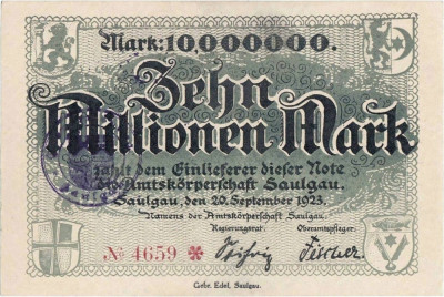 1923 (20 IX), 10.000.000 mark - Germania (Bad Saulgau) - stare aUNC! foto