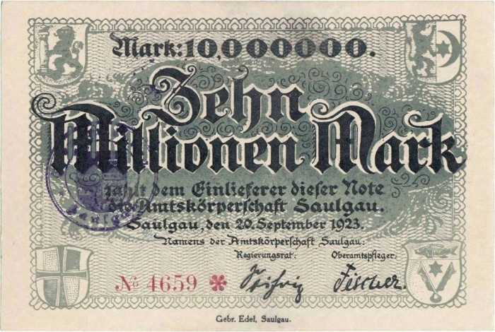 1923 (20 IX), 10.000.000 mark - Germania (Bad Saulgau) - stare aUNC!