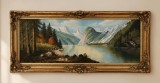 Pictura &icirc;n ulei pe p&acirc;nză de tip peisaj alpin (&icirc;nfățiș&acirc;nd munți și un lac, adesea asociat cu zona K&ouml;nigssee sau peisaje Europene