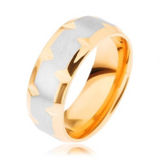 Inel din oțel inoxidabil, în două culori - auriu și argintiu, cu caneluri - Marime inel: 67