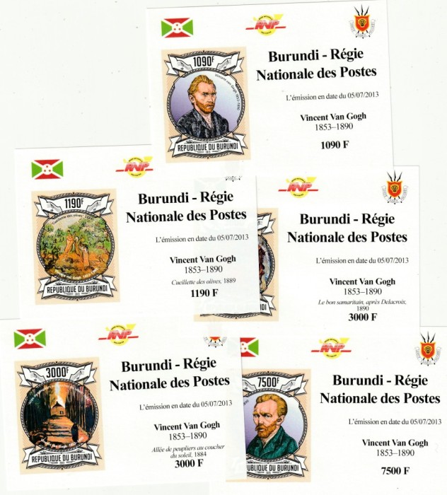 Burundi 2013 - Arta,Pictori , Vincent van Gogh , 5 colite nedantelate