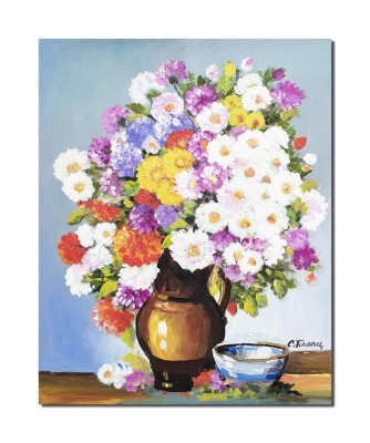 Tablou vaza cu crizanteme colorate pictat manual Din gradina bunicii, 50x40cm ulei pe panza, Constantin Feraru foto