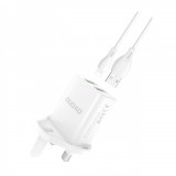 &Icirc;ncărcător De Perete Dudao Mufă UK (Marea Britanie) 2xUSB-A 2,4A Alb + Cablu USB-A - Alb Fulger A2UKL