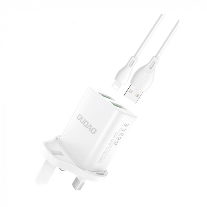 &Icirc;ncărcător De Perete Dudao Mufă UK (Marea Britanie) 2xUSB-A 2,4A Alb + Cablu USB-A - Alb Fulger A2UKL