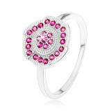 Inel argint 925, floare gravată, decorată cu zirconiu roz - Marime inel: 57