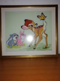 Tablou copii cusut brodat broderie veche inramata lucrat manual caprioara Bambi iepurasi fluture 38x33 cm