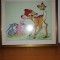 Tablou copii cusut brodat broderie veche inramata lucrat manual caprioara Bambi iepurasi fluture 38x33 cm