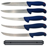 Cumpara ieftin Set 5 cutite bucatar Chef macelarie cu suport magnetic otel inoxidabil 38 cm filetat injunghiat maner albastru
