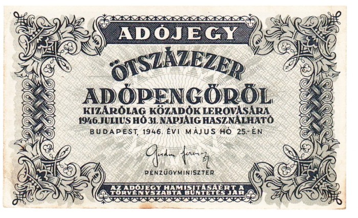 Ungaria 500 000 Otszazezer Adopengorol 1946 P-139 U17