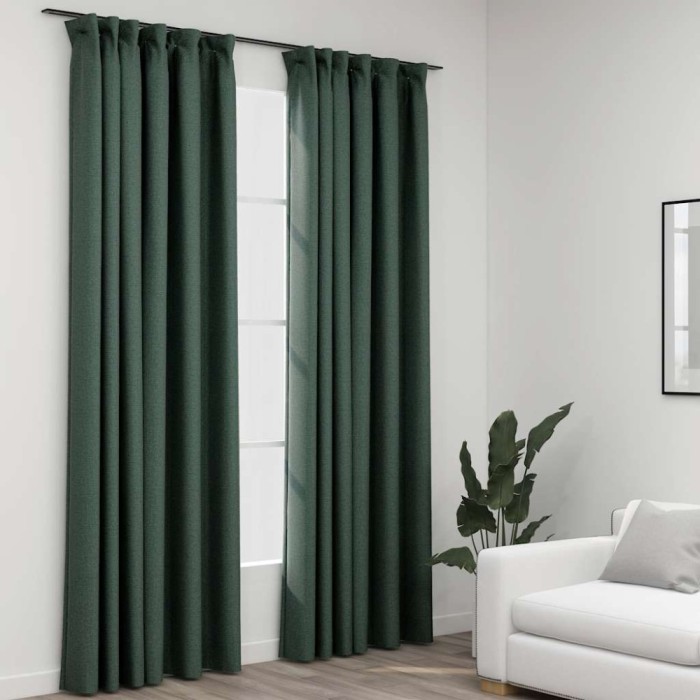 Perdele opace aspect p&acirc;nză, c&acirc;rlige, 2 buc. verde, 140x225 cm