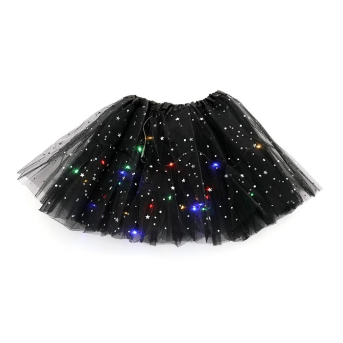 Fusta led pentru copii, flippy, tutu de balet pentru fetite cu luminite multicolore incorporate, model stelute, 30 cm lungime, negru
