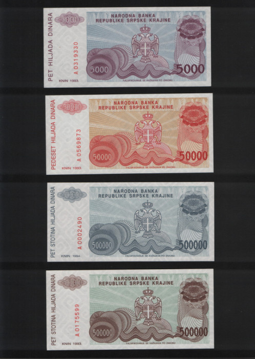 Croatia Republica Srpska Krajina Set 7 bancnote unc 5000-10000000